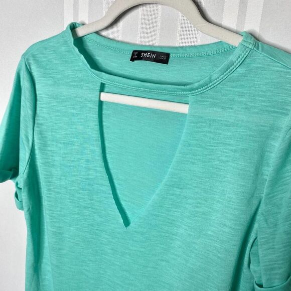 Shein Short Cuffed Sleeve Cutout Keyhole V-Neck Top Medium Blue Green Heathered - Picture 2 of 8